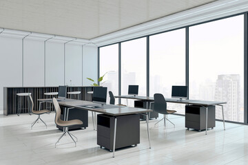 Poster - Modern open space office interior with desks, chairs, and panoramic city view through large windows in a luxury corporate building corner. 3D Rendering