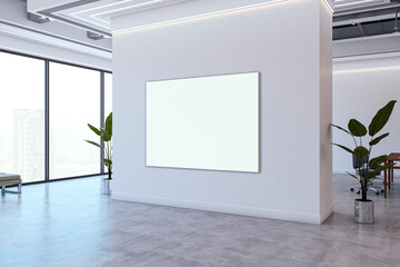 Poster - Blank canvas frame on white wall in modern office interior with large windows and plants, ideal for corporate presentation or advertisement mockup. 3D Rendering