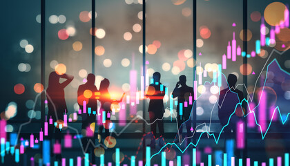 Poster - Businesspeople in office at night with holographic financial charts and graphs representing digital stock market data and economic analysis concept.