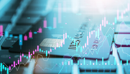 Poster - Credit card and stock market data analytics displayed on digital screen over keyboard in double exposure financial fintech concept background.