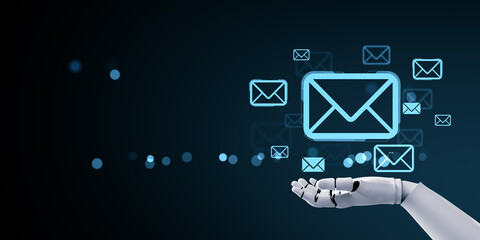 Poster - Robotic hand holding glowing email icons with digital envelope symbols on dark tech background representing AI-powered communication systems. 3D Rendering