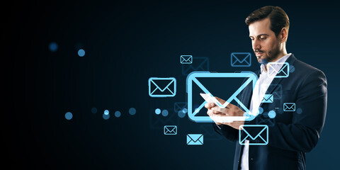 Poster - Businessman using smartphone with floating email icons on dark digital background representing modern virtual communication concept.