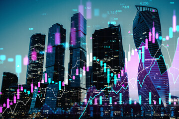 Poster - Financial chart overlays on Moscow city skyscrapers at night illustrating digital currency exchange and market analysis concept in abstract style.