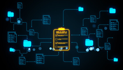 Poster - Online document management system with neon icons and network structure on digital background representing data workflow and cloud service concept. 3D Rendering
