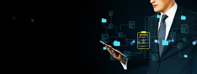 Poster - Businessman using smartphone with digital document management network interface on dark background representing cloud data structure concept.