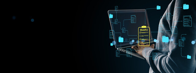 Poster - Digital document management system with online data structure icons on laptop screen, concept of business technology and cloud information network.