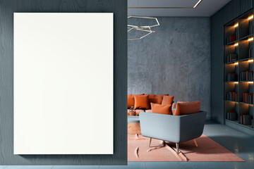 Poster - Vertical white poster mockup on dark wood wall in modern corporate waiting area with orange seating and bookshelves in stylish interior room. 3D Rendering