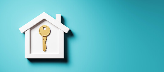 Poster - House icon with golden key symbolizing real estate, mortgage, or property sale on blue background, clean business concept template banner. 3D Rendering