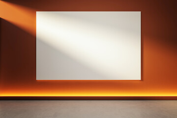 Poster - Horizontal blank canvas mockup on orange wall with spotlight and underglow in modern interior room for design presentation or exhibition display. 3D Rendering