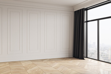 Poster - Blank white classic wall with molding in modern room interior with wooden parquet floor and large window showing city view in daylight. 3D Rendering