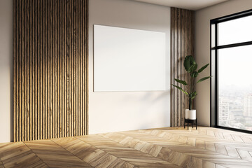 Poster - Blank poster mockup on modern wooden wall in bright office corner with window and parquet floor in city view interior design background. 3D Rendering