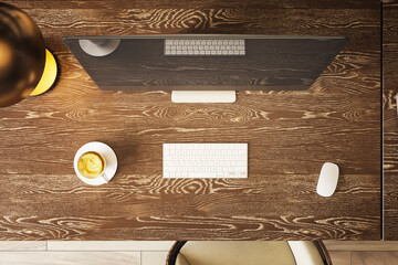 Poster - Top view of modern workspace with computer monitor, keyboard, mouse, and coffee cup on wooden desk under warm ambient lighting in home office. 3D Rendering