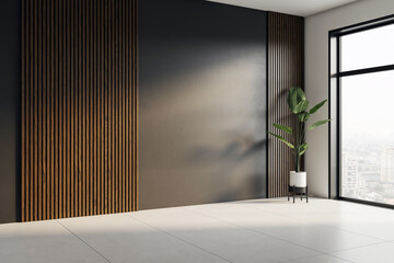 Poster - Modern empty interior corner with dark accent wall, wood paneling and city view through large window in contemporary office or gallery space. 3D Rendering