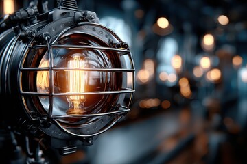 Poster - Vintage industrial light feature illuminating a rustic interior space in soft glow