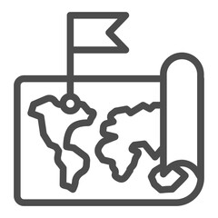 Poster - World map paper with flag pointer line icon, osint analytics concept. Vector graphics. Map with continents and oceans sign on white background, outline style icon for mobile or web design.