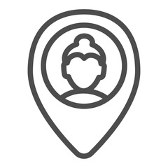 Poster - Location pin pointer with woman line icon, osint analytics concept. Vector graphics. SEO specialist, consultant sign on white background, outline style icon for mobile or web design.