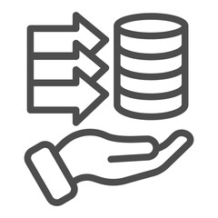 Poster - Storing open source info line icon, osint analytics concept. Vector graphics. Disks data array with arrows and hand sign on white background, outline style icon for mobile or web design.