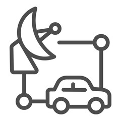 Poster - Satellite antenna and car vehicle line icon, info tech concept. Vector graphics. Automobile with GPS sensor, connection sign on white background, outline style icon for mobile or web design.