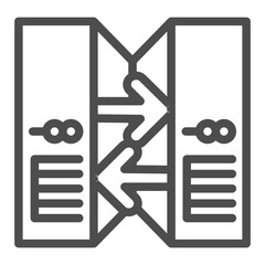 Poster - Two servers line icon, info tech concept. Vector graphics. Computer cases with arrows between, data exchange sign on white background, outline style icon for mobile or web design.