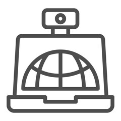 Poster - Laptop with globe half and webcam line icon, info tech concept. Vector graphics. Computer with camera and world screen sign on white background, outline style icon for mobile or web design.