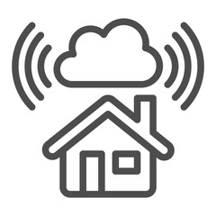 Poster - Home house with cloud technology line icon, info tech concept. Vector graphics. Cottage building with cloud storage sign on white background, outline style icon for mobile or web design.