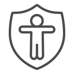 Poster - Human security shield line icon, info tech concept. Vector graphics. Man in the safety emblem, privacy sign on white background, outline style icon for mobile or web design.