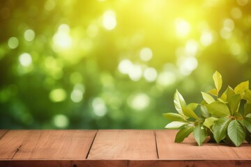 Poster - Wooden table with green leaves on blurred natural background, ideal for product placement
