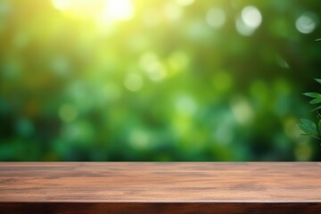 Poster - Empty wooden table top with blurred green bokeh background and sunlight effect, perfect for product placement