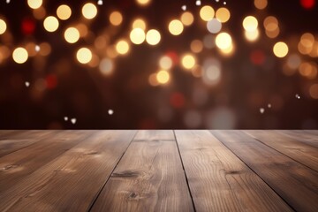 Poster - Wooden table with festive bokeh lights creating a warm and inviting atmosphere, perfect for showcasing holiday products