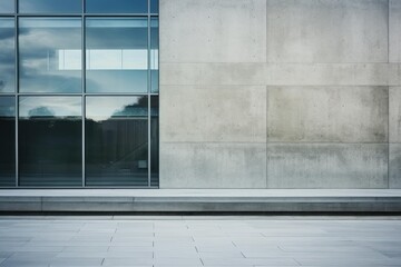 Poster - Modern building exterior showcasing a sleek glass facade juxtaposed with a textured concrete wall, leading to an expansive empty patio