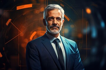 Poster - Portrait of a businessman with gray hair and beard wearing a suit and tie, standing in front of a futuristic orange and blue projection