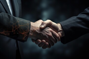 Poster - Business partners shaking hands with a futuristic network connection