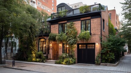 Poster - Charming Townhouse Exterior in Urban Setting Surrounded by Greenery
