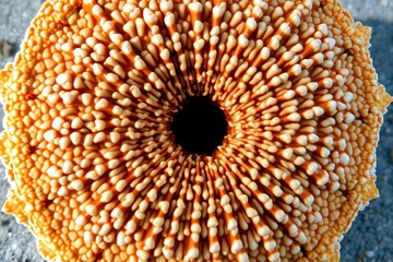 Macro view of a textured orange star shaped object with a dark center