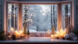 Cozy winter scene viewed through a bay window adorned with glowing candles and festive christmas decorations on a snowy day