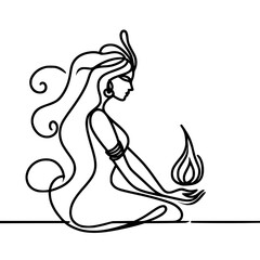 Poster - Woman meditating with a flame in a single line outline vector style  