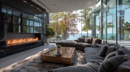 Poster - Contemporary Sleek Interior with Floor-to-Ceiling Windows and View