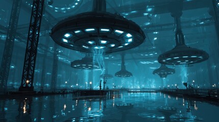 Poster - Futuristic Factory with Glowing Machinery and Drone Technology