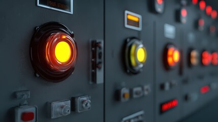 Poster - Industrial Control Panel with Glowing Indicators and Buttons