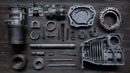 Poster - Detailed Industrial Engine Parts Laid Out for Assembly and Inspection