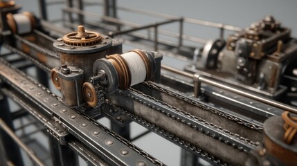 Poster - Industrial Factory Engine with Moving Belts and Machinery Details