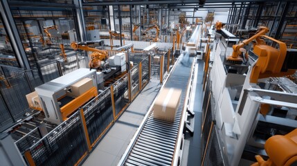 Poster - Inside View of a Modern Factory Featuring Conveyor and Robotic Arms