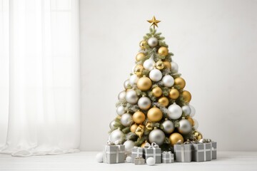Poster - Christmas tree with gold and silver decorations and gifts underneath, creating a festive holiday scene