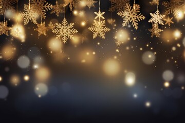 Poster - Shiny golden snowflakes hanging on a dark background with bokeh effect creating a magical christmas atmosphere