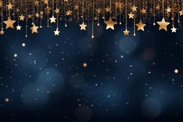 Poster - Golden stars hanging with sparkling glitter on a deep blue background, perfect for christmas, new year's eve, or any festive occasion