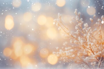 Poster - Winter wonderland scene with snow covered branches glowing under falling snow with bokeh effect