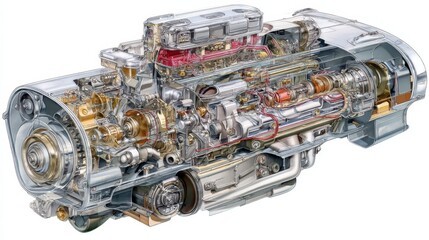 Poster - Detailed Cutaway Diagram of a V8 Mechanical Engine Design