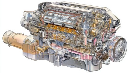Poster - Detailed Cutaway Diagram of a Mechanical V8 Engine Design