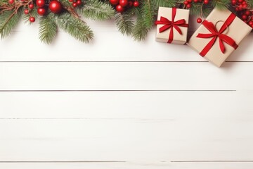 Poster - Christmas composition with gift boxes, fir branches and red berries on white wooden background creating a festive atmosphere