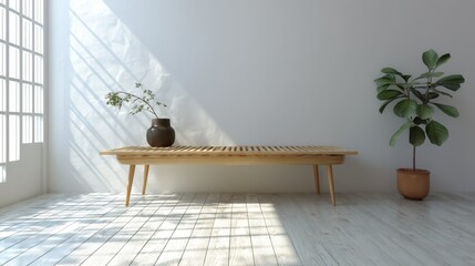 Poster - Minimalist Scandinavian Interior with Wooden Bench and Green Plant